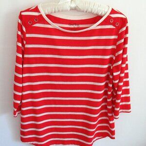 Coral Bay red white metallic striped scoop neck 3/4 sleeve tee *Sz S*